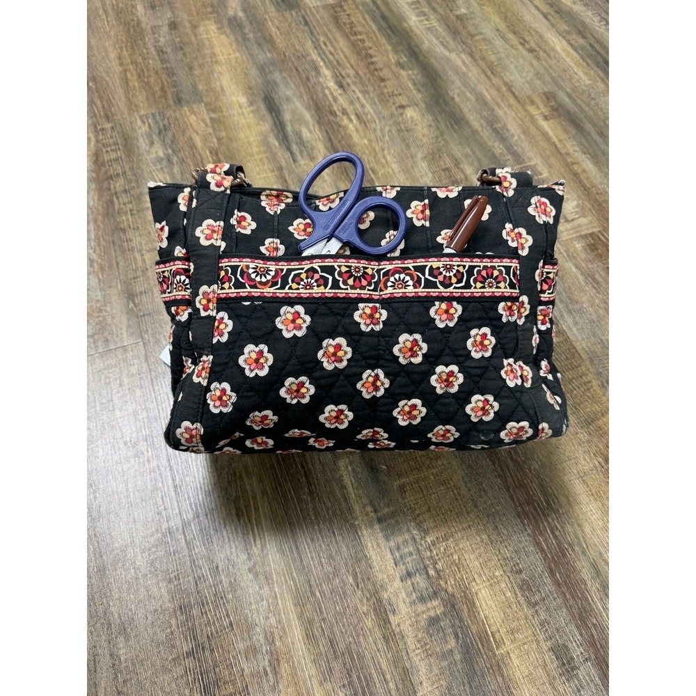 Vera Bradley Handbag Tote Women M Black Floral Quilted Cotton Everyday Pockets